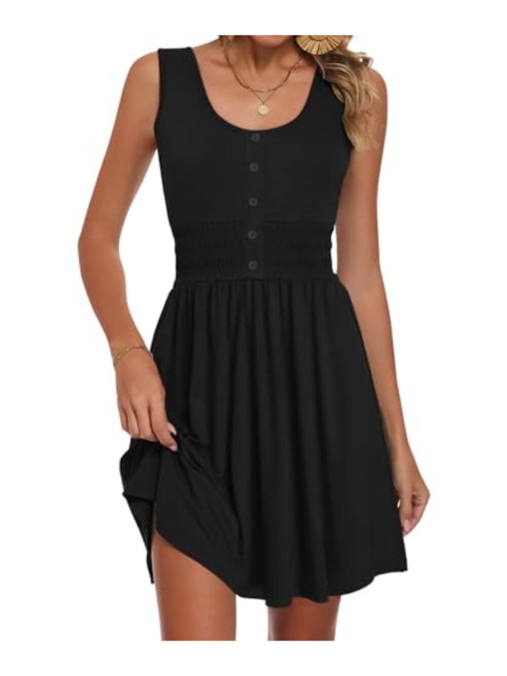 Womens Sleeveless Empire Waist Mini Sundress with Pockets Smocked Casual Summer